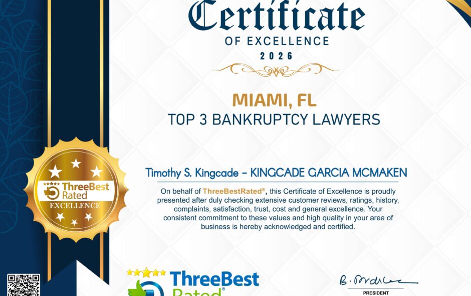 Timothy S. Kingcade Named a Top 3 Bankruptcy Lawyer in Miami for 2026